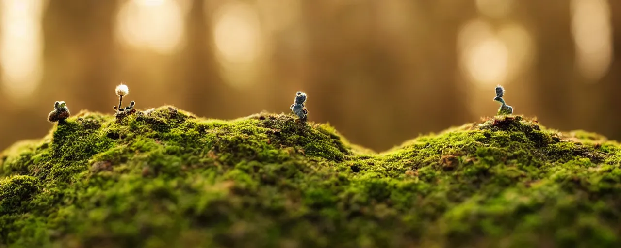 Prompt: tiny cute mossy forest creatures by bobby chiu, at sunset, macro photography, goro fujita, cute, adorable, cinematic