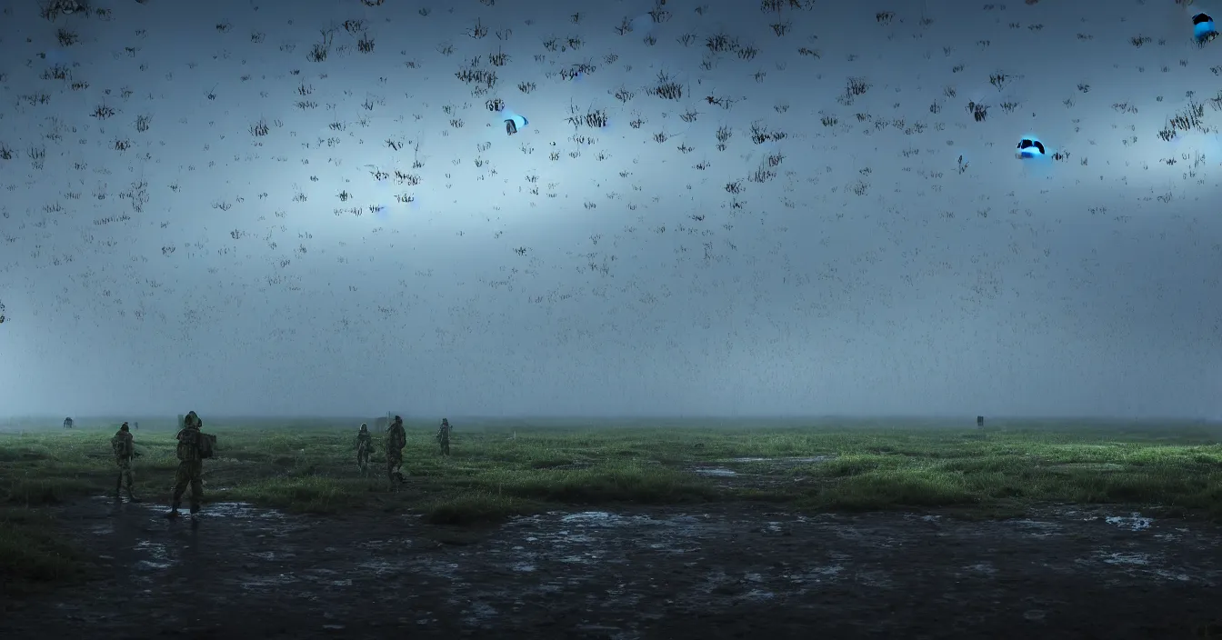 Prompt: realistic photo of wide battleground landscape, with army of transparent translucent insects fighting hardly futuristic human army, night, heavy rain, reflections, raytracing, raymarching, scattering, subsurface, full of reflections, volumetric fog light, dark and dramatic composition, deep depth, defocus, rendered in vray, raytracing, raymarching