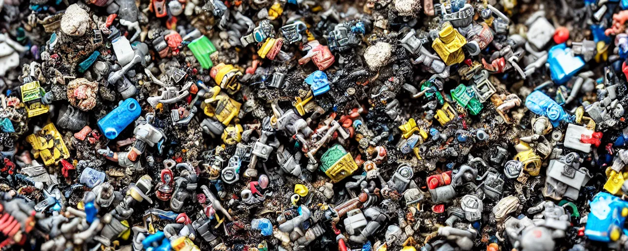 Prompt: a close up of a piece of plastiglomerate made from warhammer figures and vapes, photographic, highly detailed