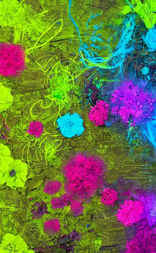 Image similar to view of the inside of a trash bag decorated with moss and flowers patches and with glowing elements, drawn with chalk, abstract, unorthodox, 4k, desktop wallpaper, raytracing