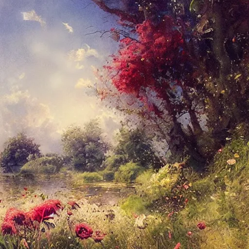 Image similar to summer landscape by jean - baptiste monge, masterpiece, colorful