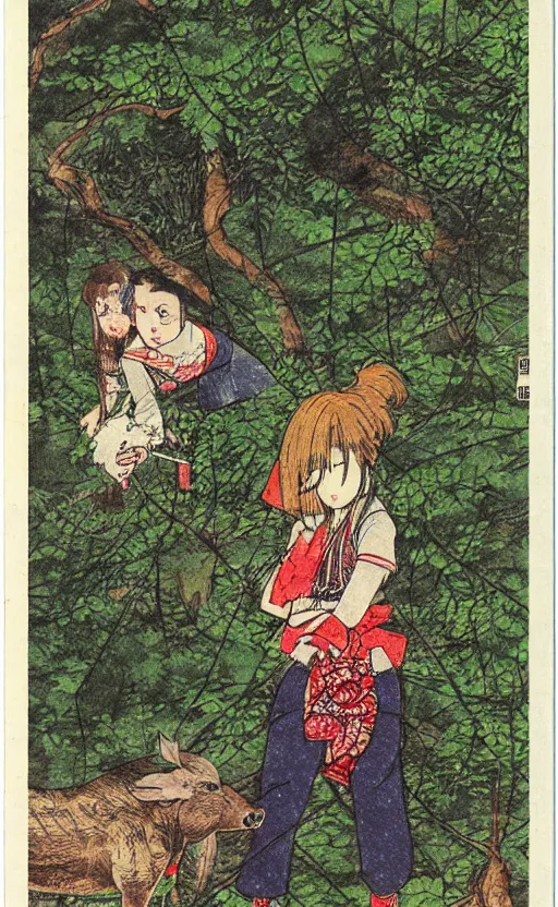 Prompt: by akio watanabe, manga art, girl pet a boar in the forest, trading card front, kimono, realistic anatomy