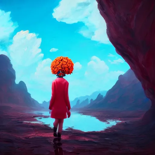 Image similar to giant cherry flower as a head, girl walking in a canyon, surreal photography, sunrise, dramatic light, impressionist painting, colorful clouds, digital painting, artstation, simon stalenhag