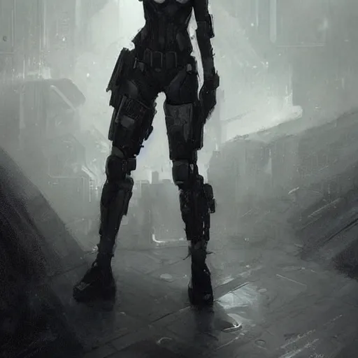 Image similar to concept art by greg rutkowski, a very tall, slender female soldier wearing futuristic white and black tactical gear, brutalist futuristic interior, dim lighting, detailed portraits, nostalgic atmosphere, scifi, digital painting, artstation, concept art, smooth, sharp foccus ilustration, artstation hq