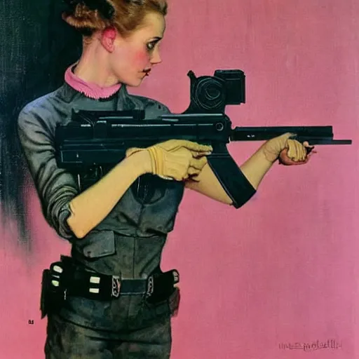 Prompt: Pink sci-fi woman with a gun. Norman Rockwell painting.