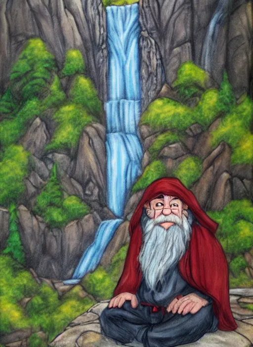 Prompt: old wise wizard sitting next to waterfall in the mountains, trending on deviantart, lord of the rings, detailed, colorful