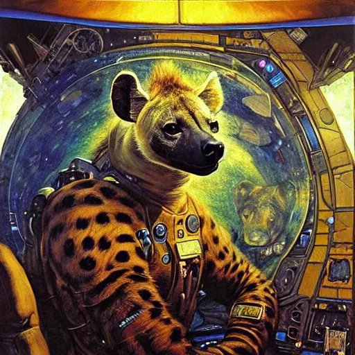 Image similar to portrait of a male hyena wearing a space suit in a space ship. shadowrun furaffiniy cyberpunk fantasy highly detailed painting by gaston bussiere craig mullins jc leyendecker gustav klimt artgerm greg rutkowski john berkey, bergey, craig mullins, ruan jia, raymond swanland, jeremy mann, tom lovell, alex malveda