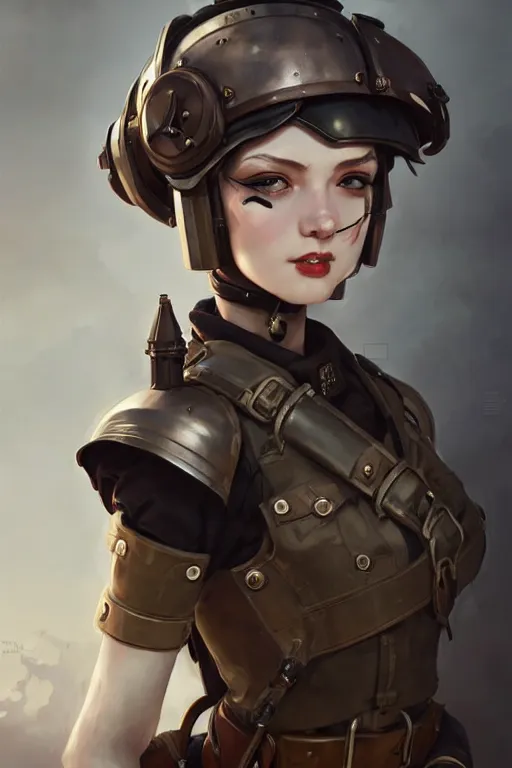 Prompt: dieselpunk soldier girl, helmet, shoulders, chest, portrait, armored, highly detailed, sharp focus, art, illustrations by wlop and ayanamikodon and irakli nadar and loish and rossdraws