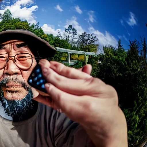 Image similar to Fisheye selfie of an old japanese man with long beard, extreme fisheye