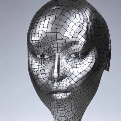 Image similar to 3 d sculpture made of liquid metal by zaha hadid enveloping a realistic female face, white background