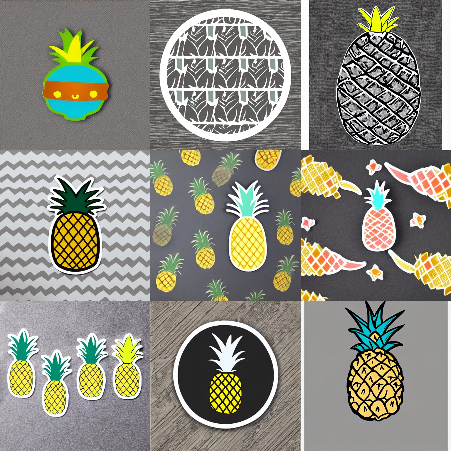 Prompt: cartoon pineapple, die cut sticker with a white border, gray background, kawaii