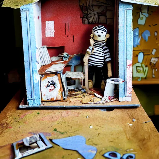 Prompt: Winnie the pooh sock puppet decaying in apocalyptic graffiti dollhouse