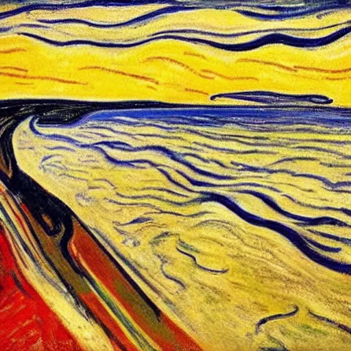 Prompt: the atlantic ocean road in norway in the style of edvard munch.