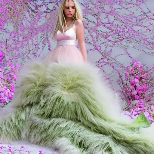 Image similar to light pink wedding dress. with white large exotic large, exotic. flowers. of zigzag intricate pattern of green fluffy. herbs. in the fantasy style. dress with train. hyper - realistic photo.