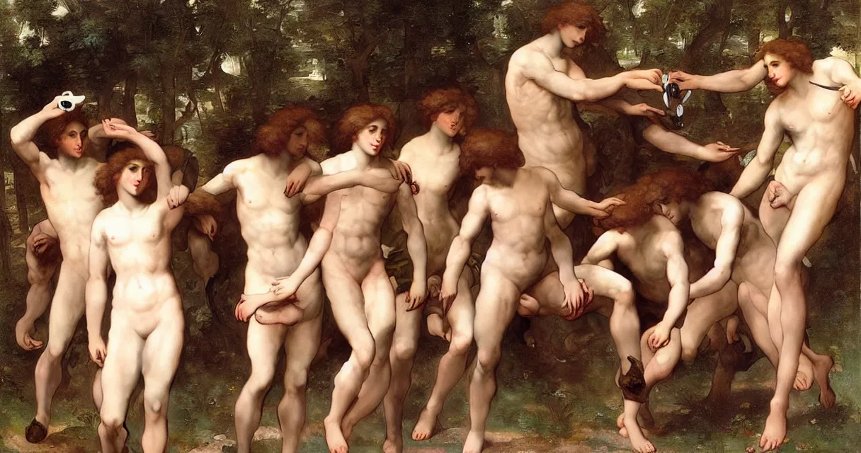 Image similar to large group of pre-Raphaelite muscular athletic male gamers wearing headsets!!!!! holding laptops!!!! playstation!!! x-box! and PC by Bouguereau and raphael