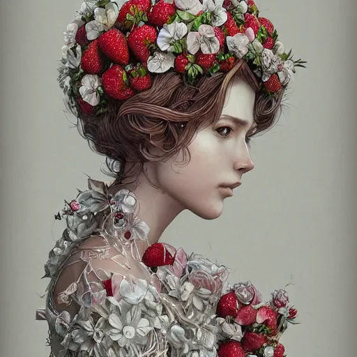 Image similar to the portrait of an absurdly beautiful, graceful, elegant, sophisticated, fashionable woman made of strawberries and white petals looking down, an ultrafine hyperdetailed illustration by kim jung gi, irakli nadar, intricate linework, bright colors, octopath traveler, final fantasy, unreal engine 5 highly rendered, global illumination, radiant light, detailed and intricate environment