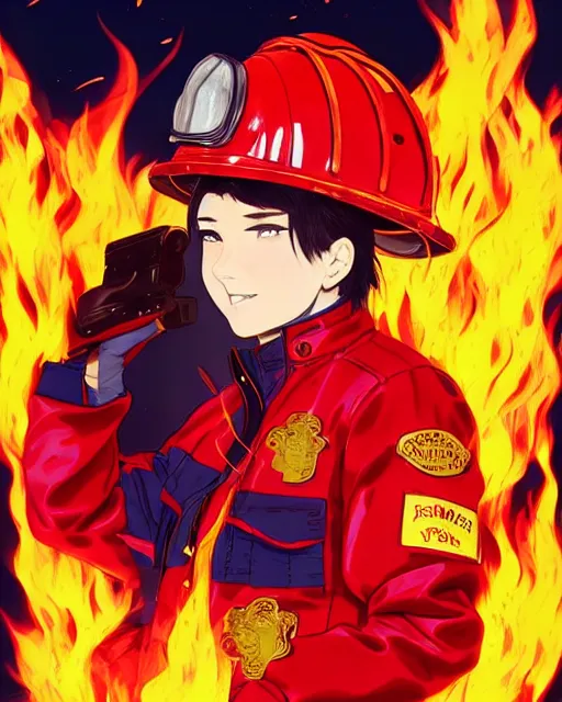 Image similar to fireman, cool pose, fire jacket, helmet, covered in beautiful flames!!! | | very very anime!!!, beautiful fine - face, audrey plaza, realistic shaded perfect face, fine details. anime. realistic shaded lighting poster by ilya kuvshinov katsuhiro otomo ghost - in - the - shell, magali villeneuve, artgerm