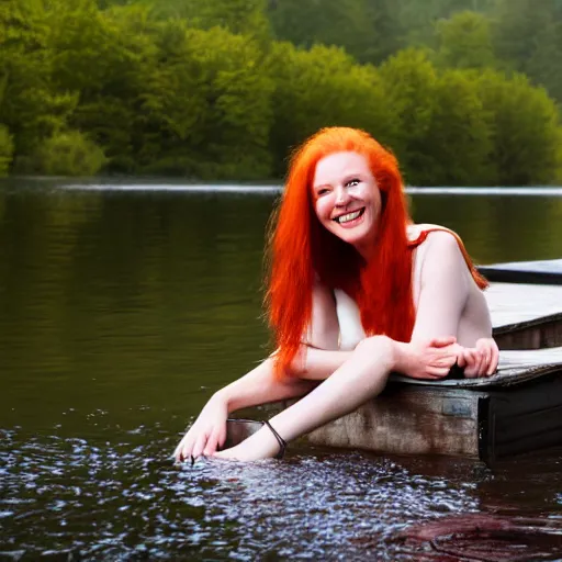 Image similar to tall beautiful red haired scottish woman, smiling on a raft in a lake, 4 k, early morning, mist, photorealism, professional photography