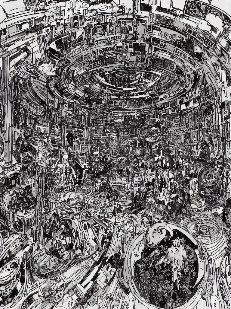 Image similar to Circular room with robot cat in the center, by Philippe Druillet