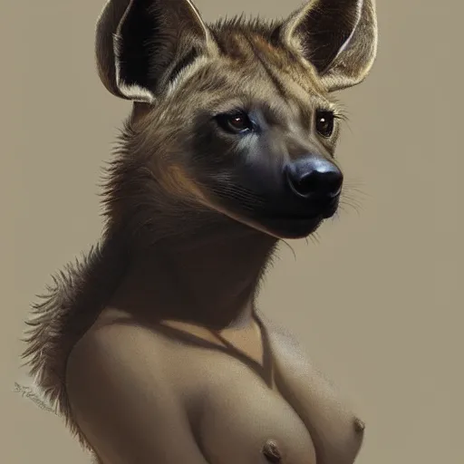 Image similar to portrait of a hyena girl, furry body, full body, harem, large ears, intricate, elegant, highly detailed, digital painting, artstation, concept art, smooth, sharp focus, illustration, art by artgerm and greg rutkowski and alphonse mucha and william - adolphe bouguereau