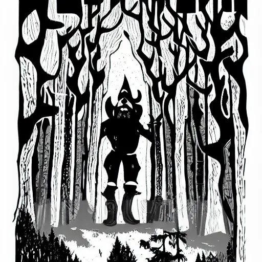 Prompt: night forest scene with lumberjack, illustration in style of hellboy