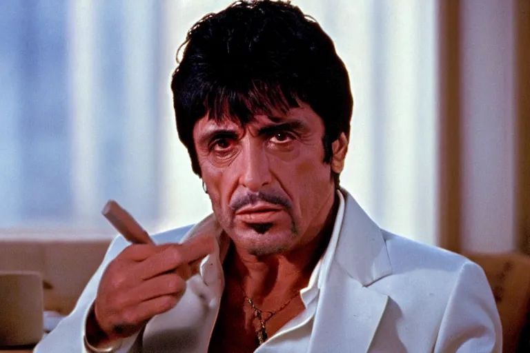 Image similar to tony montana from movie scarface 1 9 8 3 sitting at a big black oak table with big packages of flour. next to the night window. ( al pacino ). perfect symmetric face, coherent eyes,, fine details, 4 k, ron cobb, cinestill