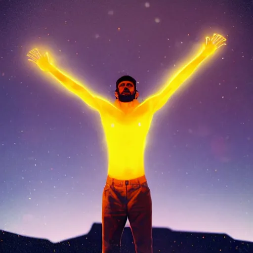 Image similar to A handsome Latino god floating with his arms up, his eyes glowing yellow, casually dressed, his head glowing blue ominously. Shot from below, photorealistic, ominous and apocalyptic dark sky.