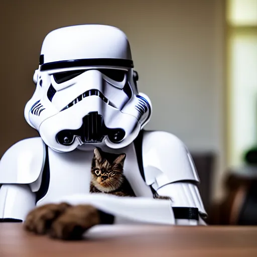 Image similar to a cat wearing a stormtrooper helmet while on the kitchen table, 40nm lens, shallow depth of field, split lighting, 4k,