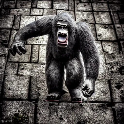 Image similar to king kong walking over madeira island in funchal city, trampled, cinematic shot, realistic, hdr, color, wide shot, gigantic