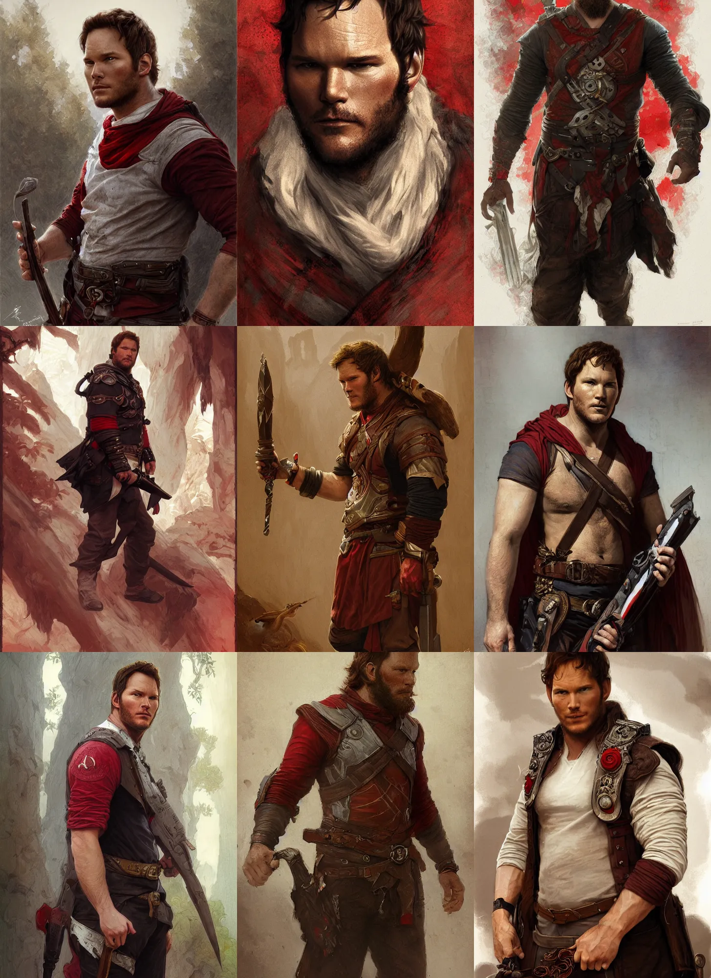 Prompt: chris pratt ancient corsican, long beard, black red white clothes, intricate, highly detailed, artstation, sharp focus, illustration, jurgens, aleksi briclot, rutkowski, bouguereau, mucha