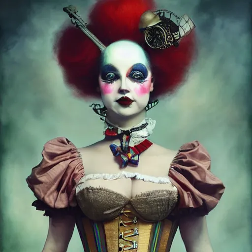 Image similar to photorealistic soft paint of a curiosities carnival, single young beautiful shy curvy dollpunk clown in a full steampunk corset, very long snakes hairs, symmetry accurate features, ominous depths, elegance, focus, rainbow lighting, very high details, award winning masterpiece, behance, by tom bagshaw