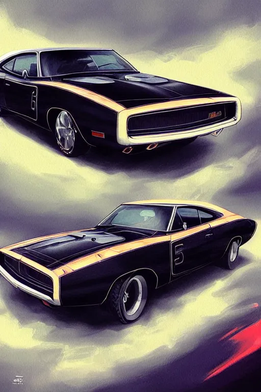 Image similar to 1970 Dodge Charger car , highly detailed, digital painting, artstation, concept art, smooth, sharp focus, illustration, art by artgerm and alphonse mucha, high definition digital art, in the style of Ross tran and ilya kuvshinov