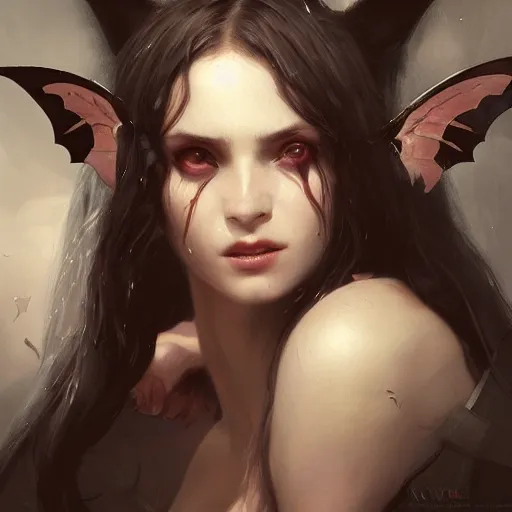 Image similar to a beautiful portrait of a succubus goddess with bats in the background and closed eyes by greg rutkowski and raymond swanland, trending on artstation, ultra realistic digital art