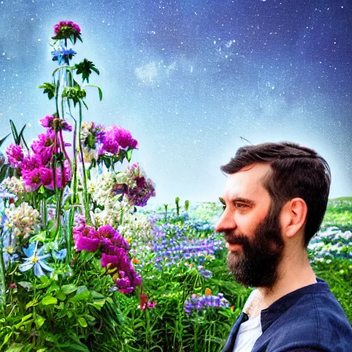 Image similar to a portrait of a man with flowers in the beard, roses peonies forget-me-nots dahlias lupins gladioli, sky theme in background, 35mm Photograph, 4K Resolution, Astrophotography, Digital Art, Trending on artstation