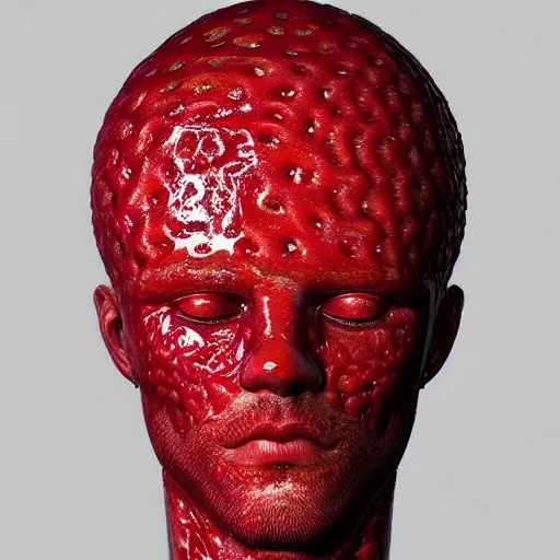 Prompt: man's head made out of strawberry skin, head is exploding into a swirl of jam, jam swirl explosion : ornate, dynamic, particulate, intricate, elegant, highly detailed, centered, artstation, smooth, sharp focus, octane render