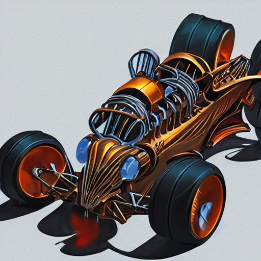 Prompt: isometric hotrod drag racer, extended front axle, large back wheels, concept art by petros afshar and christopher balaskas and marius borgeaud and kiliain eng, well proportioned, highly detailed