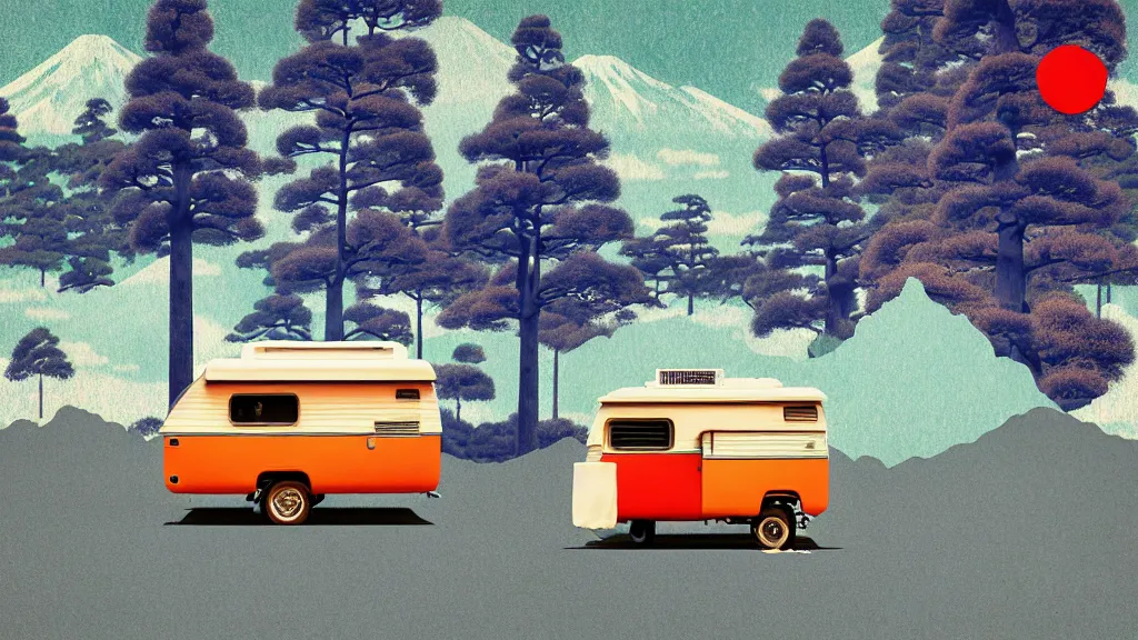 Prompt: japan various natural splendor and rural camper touring, a representational non - abstract collage painting, in the style of wes anderson, lola dupre, david hockney, isolated on negative space background bright monochrome spraypaint accents volumetric octane render