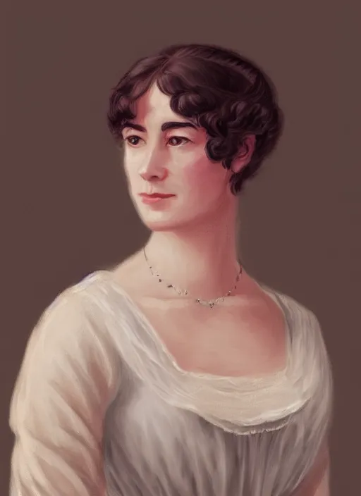 Image similar to a photograpic portrait of elizabeth bennet, pride and prejudice, with kind face, dark hair, georgian dress, intricate, elegant, highly detailed, digital painting, concept art, smooth, sharp focus, illustration,