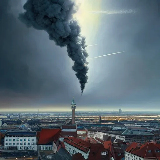 Image similar to , city of munich!!!, huge bright comet falling from the skies with smoke trail!!!, people in panic!!, hyperrealistic, highly detailed, cinematic, daylight, beautiful, cgssociety, artstation, 8 k, oil painting by greg rutkowski, by artgerm, by wlop