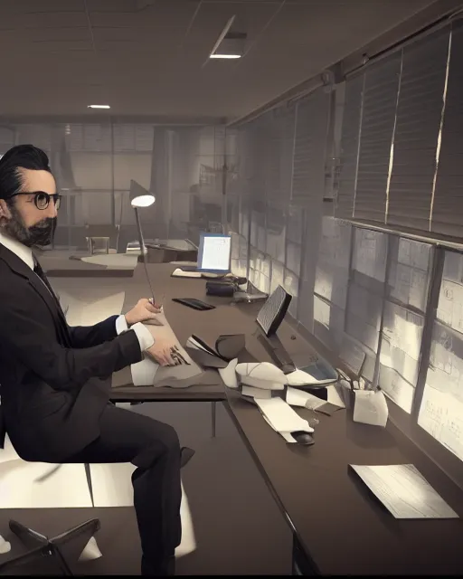Image similar to a man in a suit and tie sitting at a desk, a screenshot by ash thorp and by philippe bouchet and by benoit mandelbrotand by thomas sanchezand by salvador trakal, polycount, video art, aftereffects, playstation 5 screenshot, criterion collection