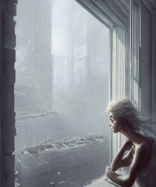 Prompt: view from a white window of a construction site by charlie bowater and anna dittmann and artgerm and clemens ascher, intricate, elegant, beige mist, highly detailed, dramatic lighting, sharp focus, octane render, trending on artstation, artstationhd, artstationhq, unreal engine, 4 k, 8 k