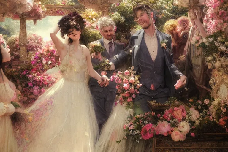 Image similar to the groom look at the bride at a wedding full of flowers, bright and happy, dreamlike art, highly detail, 4 k realistic, wedding photoy krenz cushart, artem demura, yoji shinkawa artgerm, jon lothian, danilo torres. adi meyers. thomas reimann. gaston bussiere.