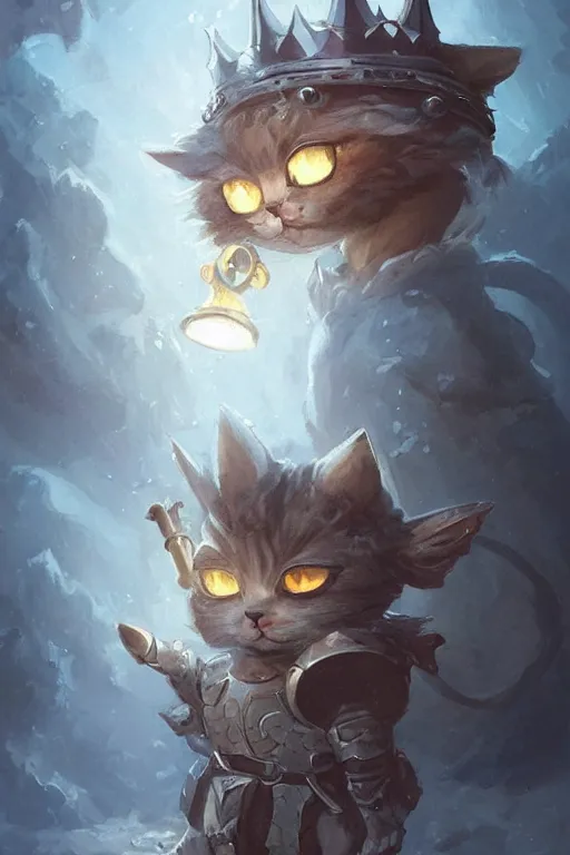 Image similar to cute little anthropomorphic cat knight wearing a cape and a crown, tiny, small, miniature cat , baby animal, short, pale blue armor, cute and adorable, pretty, beautiful, DnD character art portrait, matte fantasy painting, DeviantArt Artstation, by Jason Felix by Steve Argyle by Tyler Jacobson by Peter Mohrbacher, cinematic lighting