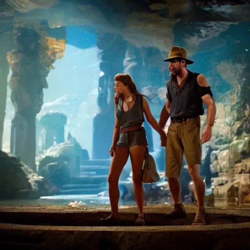 Image similar to a beautiful photo from the film indiana jones and the fate of atlantis of sophia hapgood and indiana jones at the city of atlantis, dslr hyper focused