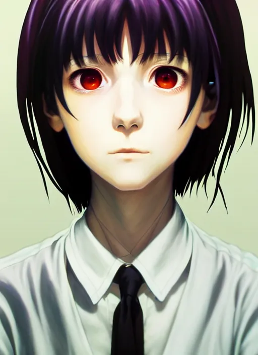 Image similar to a beautiful portrait painting of lain from serial experiments : lain. character design by shinji aramaki, charlie bowater, ross tran, artgerm, and makoto shinkai