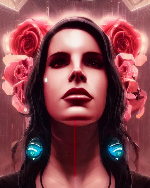 Image similar to portrait of lana del rey as a cyberpunk cyborg. sci - fi intricate abstract. intricate artwork, tear drops, roses, by tooth wu, wlop, beeple, dan mumford. concept art, octane render, trending on artstation, greg rutkowski, asymmetrical, cinematic arthouse, key art, hyper realism, iridescent accents