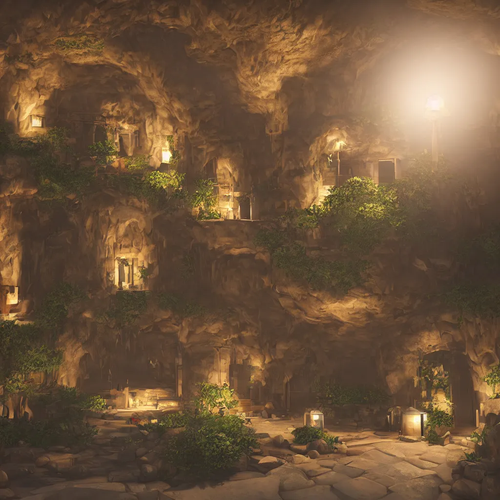 Image similar to secret overwatch common area carved inside a cave, doors to various bedrooms, sheltered, magical, natural light, planters, central tree, candle light, cinematic lighting, clean lines, cozy, fantasy, fantasy architecture, sharp focus, concept art, octane render 8 k