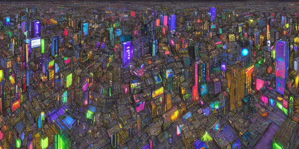 Image similar to streetview equirectangular 360 photo of cyberpunk metropolis, colorful, by Andy Thomas, Mario Martinez, Daniel Mirante, Gustave Dore, Artstation, CGsociety, masterpiece