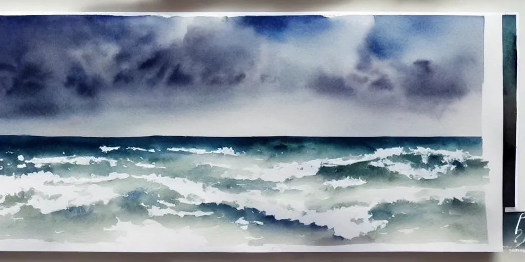 Image similar to stormy sea and dramatic sky, watercolor, artstation, realistic, moody