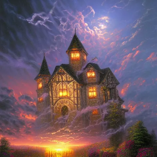 Prompt: maze of skulls one lone wizard with a glowing staff sky of clouds, by thomas kinkade, realistic